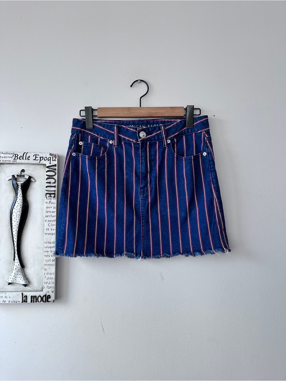 American Eagle Outfitters Blue Denim Red and White Striped Mini Skirt Size 8